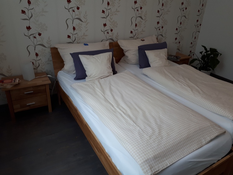 Schlafzimmer mit zwei nebeneinanderstehenden Einzelbetten in modernem Oak-Look